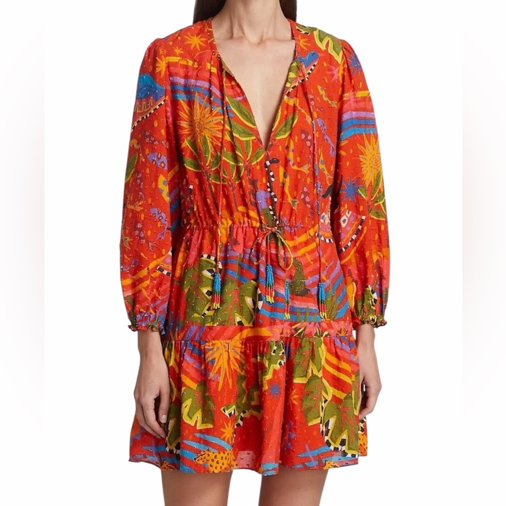 Farm Rio Orange Tropical Print Cotton "Magic Forest" Aline Mini Dress S